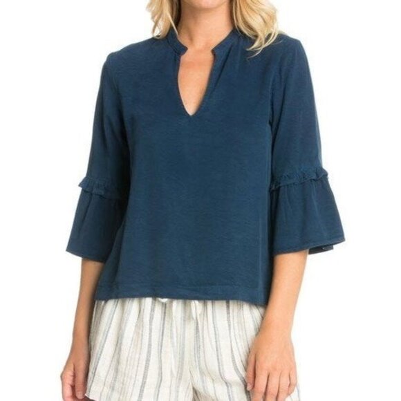 Maven West Womens Bell Sleeve Top Blue Split V Neck Relaxed Fit size Medium - Picture 1 of 12